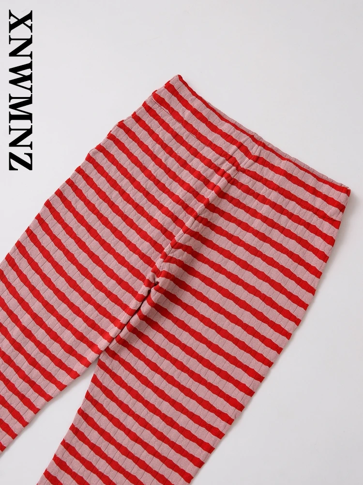 XNWMNZ 2025, Frühjahr Neue Frau Einfache Urlaub Jacquard Hohe Taille Club Dame Böden Chic Gestreiften Lange Hosen