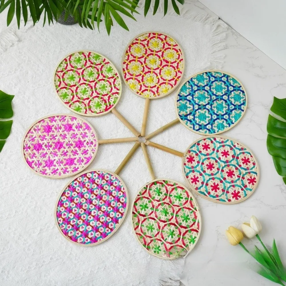 Hand Cranked Bamboo Braided Fan Ethnic Style Colorful Design Ancient Chinese Fan Exquisite Craftsmanship Handmade Round Fan
