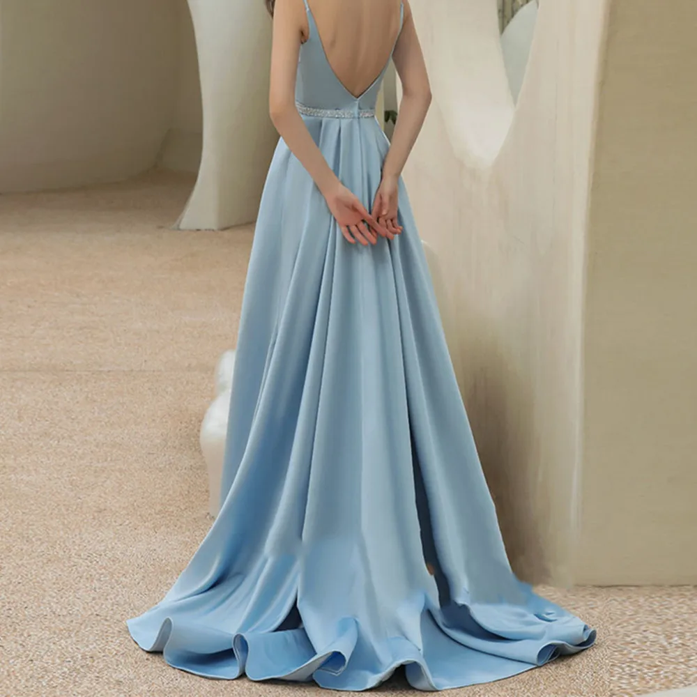 Gaun malam Formal tali Spaghetti biru, gaun pesta Prom kerah V dalam bentuk A Satin ritsleting kereta gaun Backless elegan