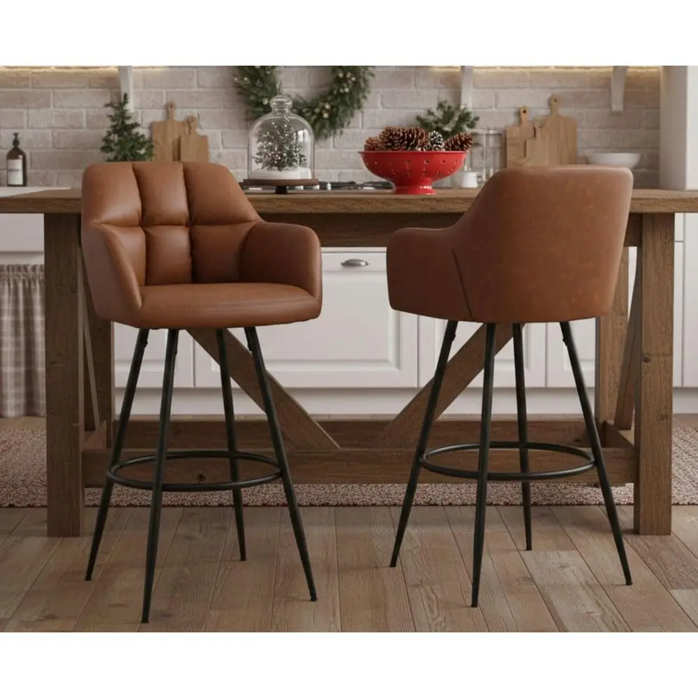 

Set of 2 Brown Leather 30 Bar Stools with Backs and Black Metal Legs for Kitchen Island or Bar