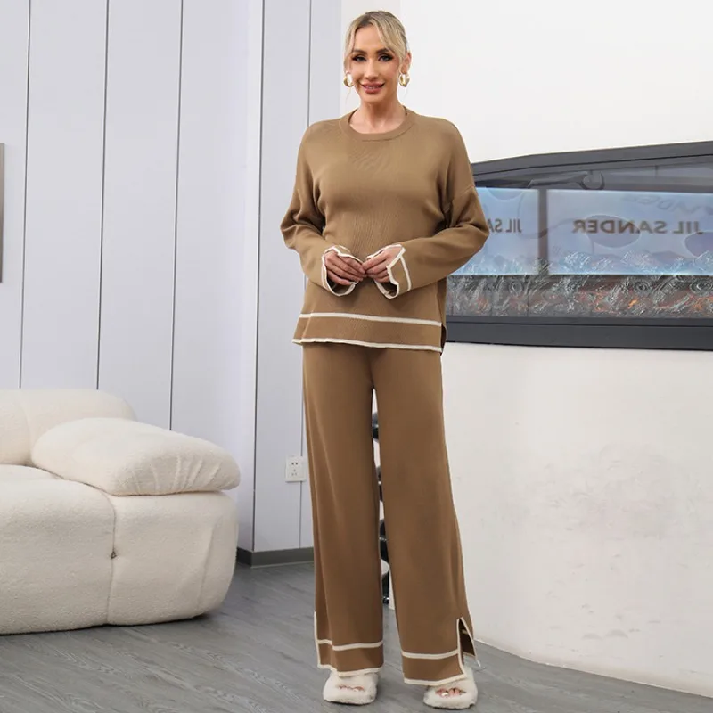 New Knitted Solid Women\'s Tracksuit Patchwork O-neck Split Long Sleeve Jumper Sweater + High Waist Wide Leg Pants 2 Piece Sets