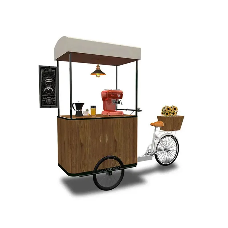 Hot Sale Drinks Coffee Cart Bike Electric / Pedal Cargo Tricycle Wood Street Mobile Fast Food Cart Kiosk Delivery Bike