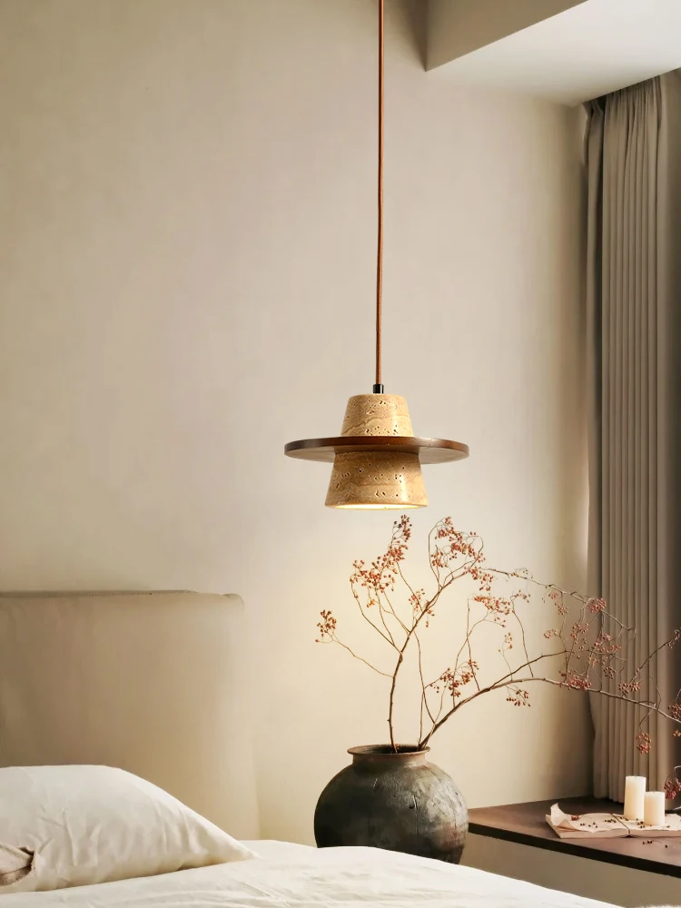 

Yellow travertine Japanese-style wabi-sabi wind bedroom bedside chandelier cream wind homestay entrance retro medieval