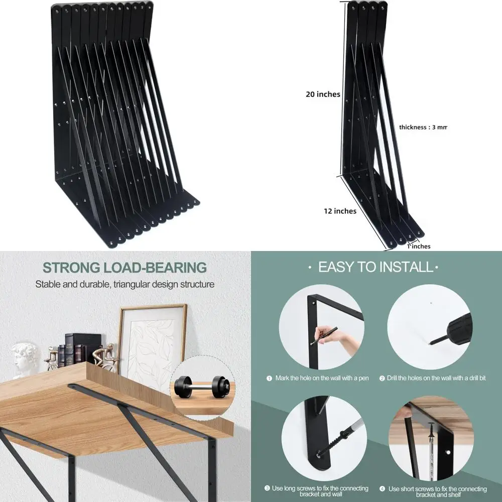 

Сверхмощные металлические кронштейны для полок L20 x H12 — черные, упаковка из 12 шт., прочные опорные угловые кронштейны для полок, долговечный стиль L B