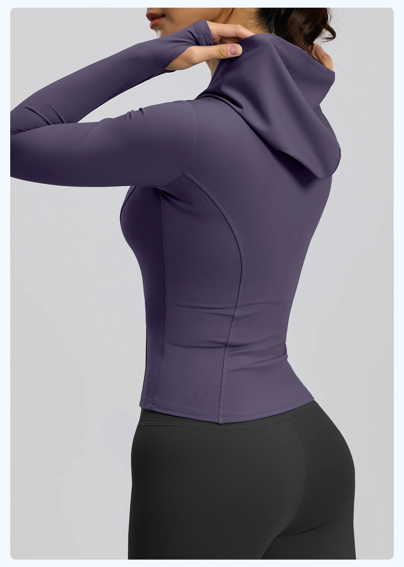 Women Fitted Hooded Yoga Jacket Full Zipper Long Sleeve Thumb Hole High Elastic Fitness Running Cycling Sports Top