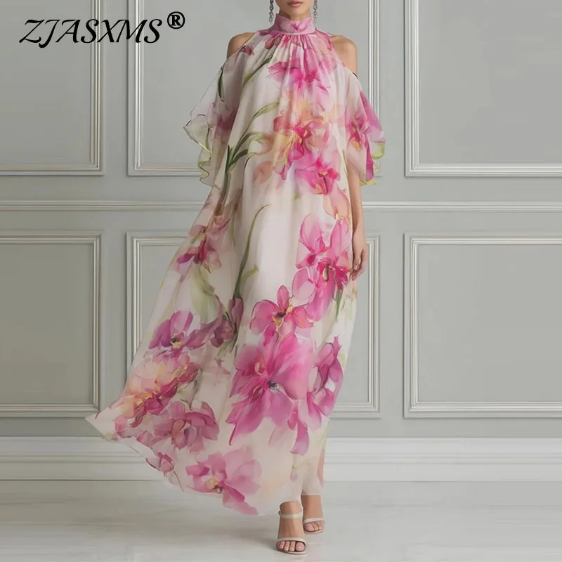 loose flowy maxi dresses Lady Halter Floral Print Elegant Dress Summer Travel Casual Sundress Cold Shoulder Flutter Short Sleeve Floral