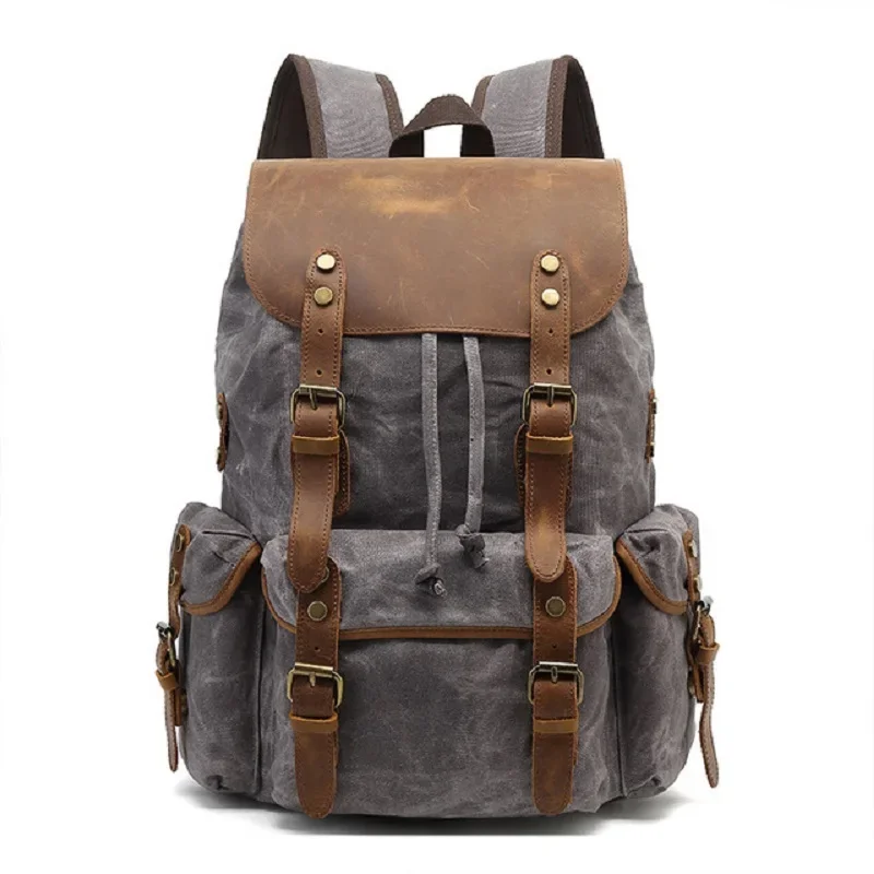 

M378 New Waterproof Oil Wax Canvas Leather Backpack Men Travel Vintage Drawstring Rucksack Large Capacity String Laptop Bag