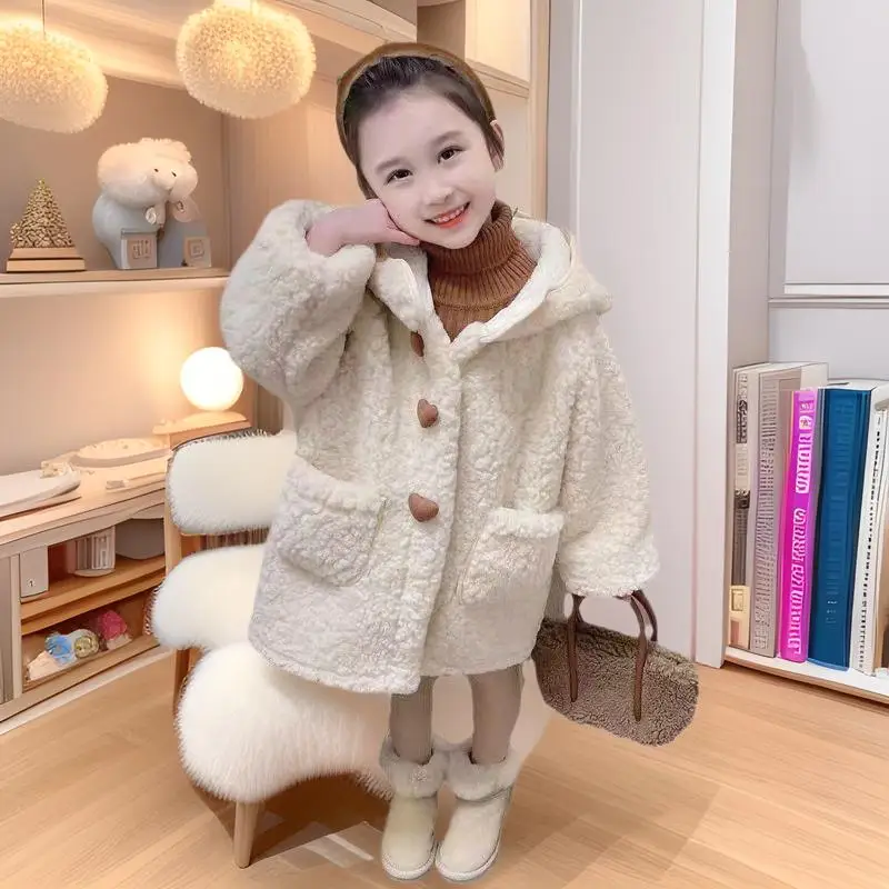 

Autumn Winter Girls' Warmth Coat Pure Color Long Overcoat Hooded Tops Thicken Comfortable 7 To 12 Years Old Children Clothes