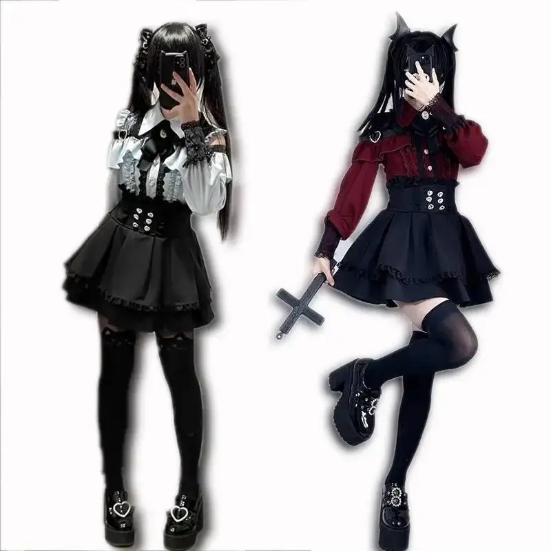 

Jirai kei Outfit Lolita Girls Blouse Top Women Long Sleeve Shirt Kawii Bow Black Skirts Shirts Y2K Sweet Japanese Lady Style Set