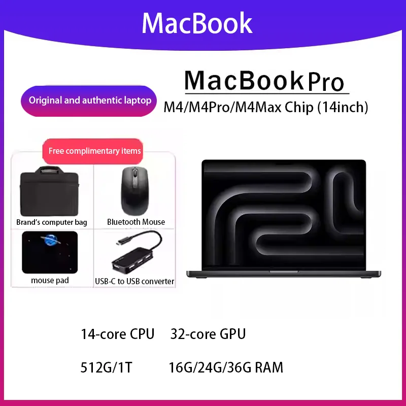 

2024 MacBook Pro M4Pro M4Max 14Inch&16Inch 14-core CPU 32-core GPU 1T/2T/4T SSD 16G/24G/64G RAM.