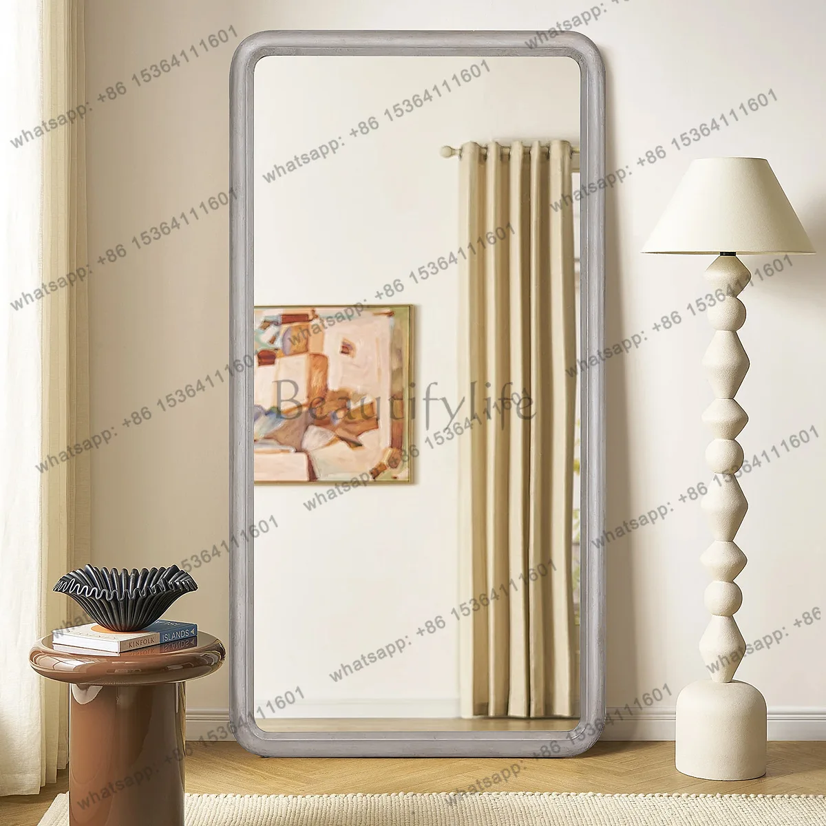 Light wood frame simple floor mirror dressing French cream style full-body fitting mirror