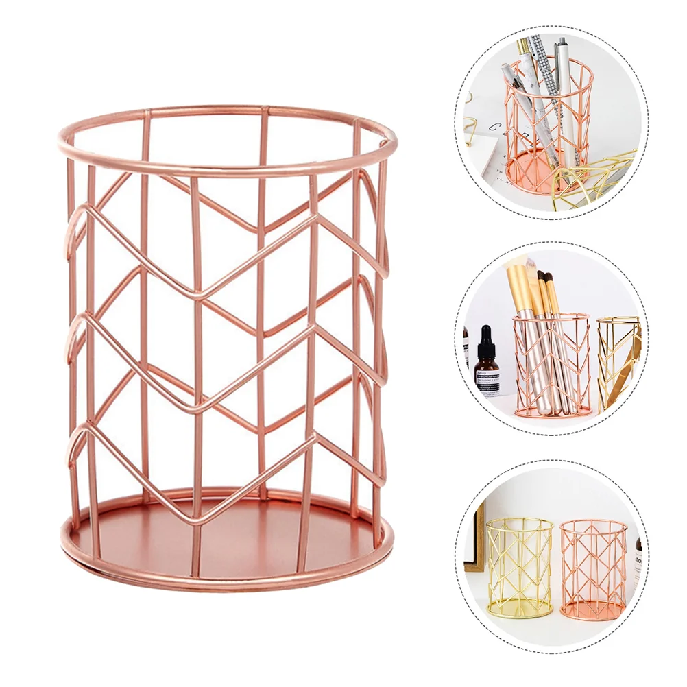 Wrought Iron Storage Tube Desk Accessories Tabletop Pen Holder Makeup Brush Container Office Organizer Wire Simple Desktop