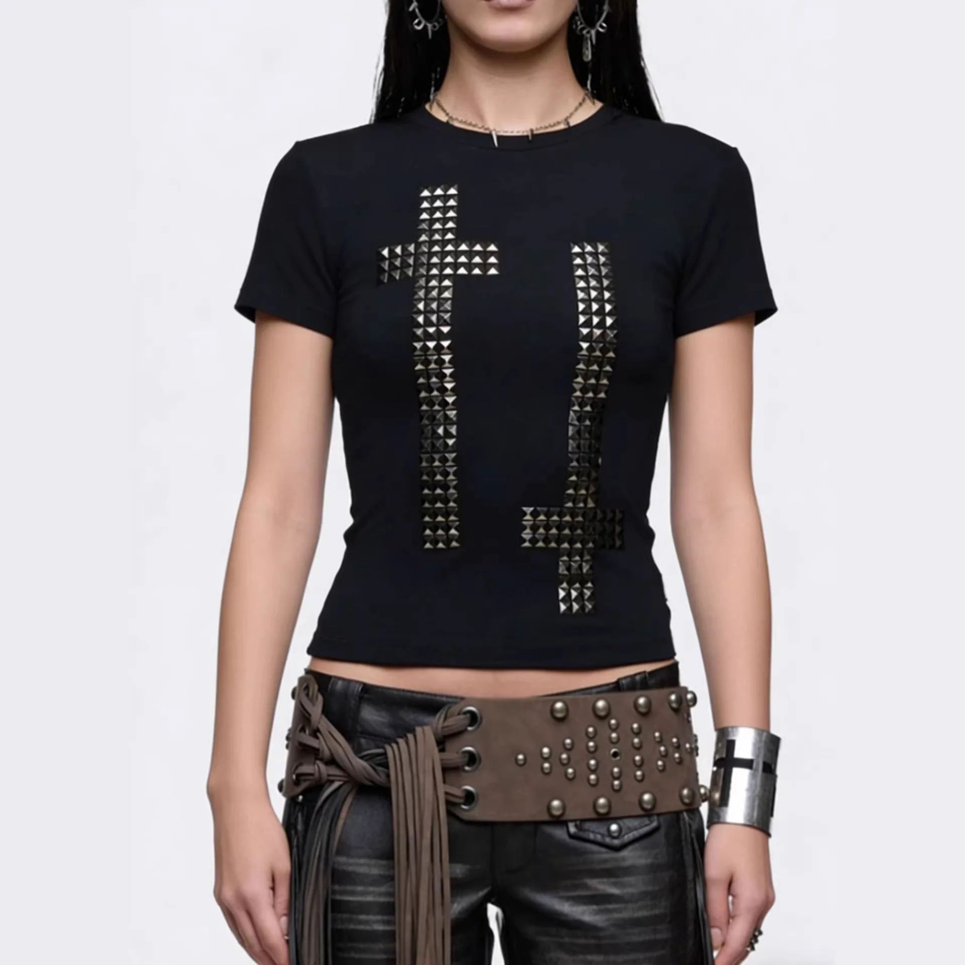 Y2k Spring Summer Casual Cross Rivet print Black Harajuku vintage Style Slim fit Basic Versatile Round Neck Short Sleeve T-shirt