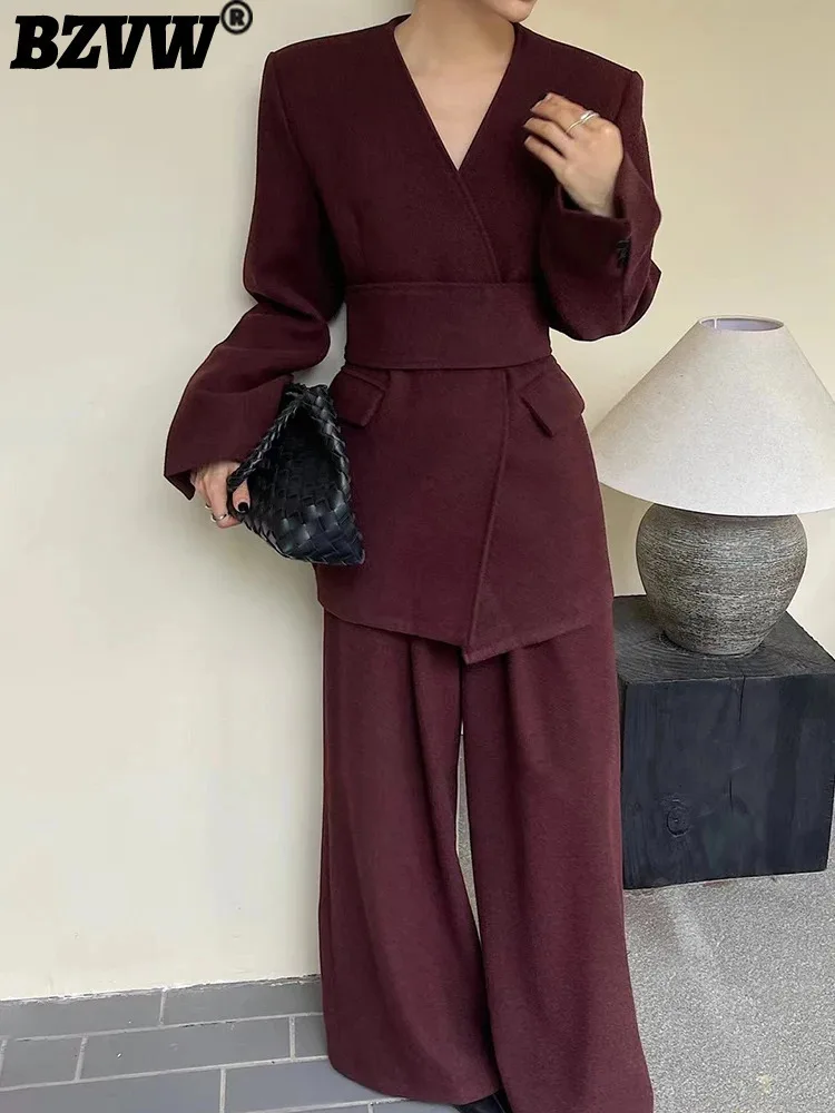 BZVW Casual Two-piece Set Women's V-neck Belt Gathered Waist Solid Color Blazer With High Waist Wide Leg Pants 2024 New 25Z1368