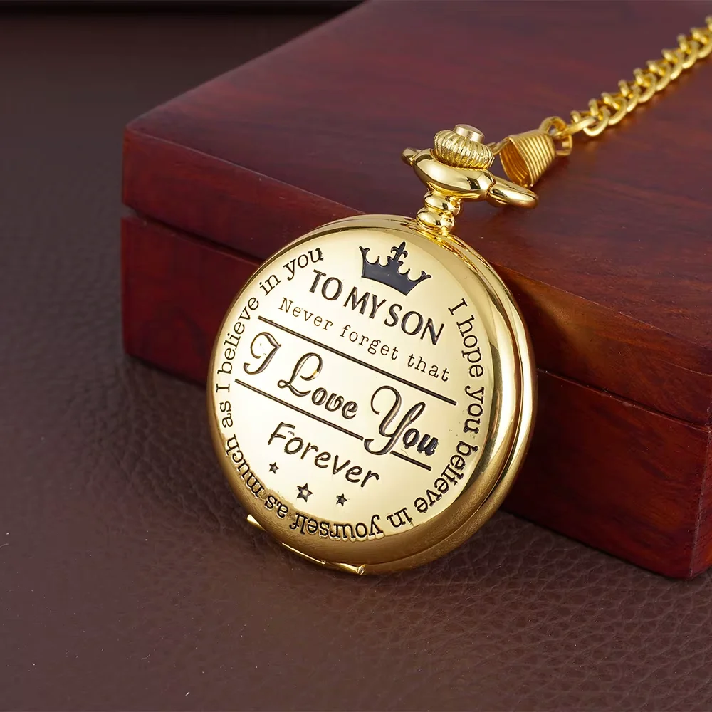Engraved TO MY SON literal pocket watch Crown pattern pocket watch flip watch Quartz watch in a variety of colors