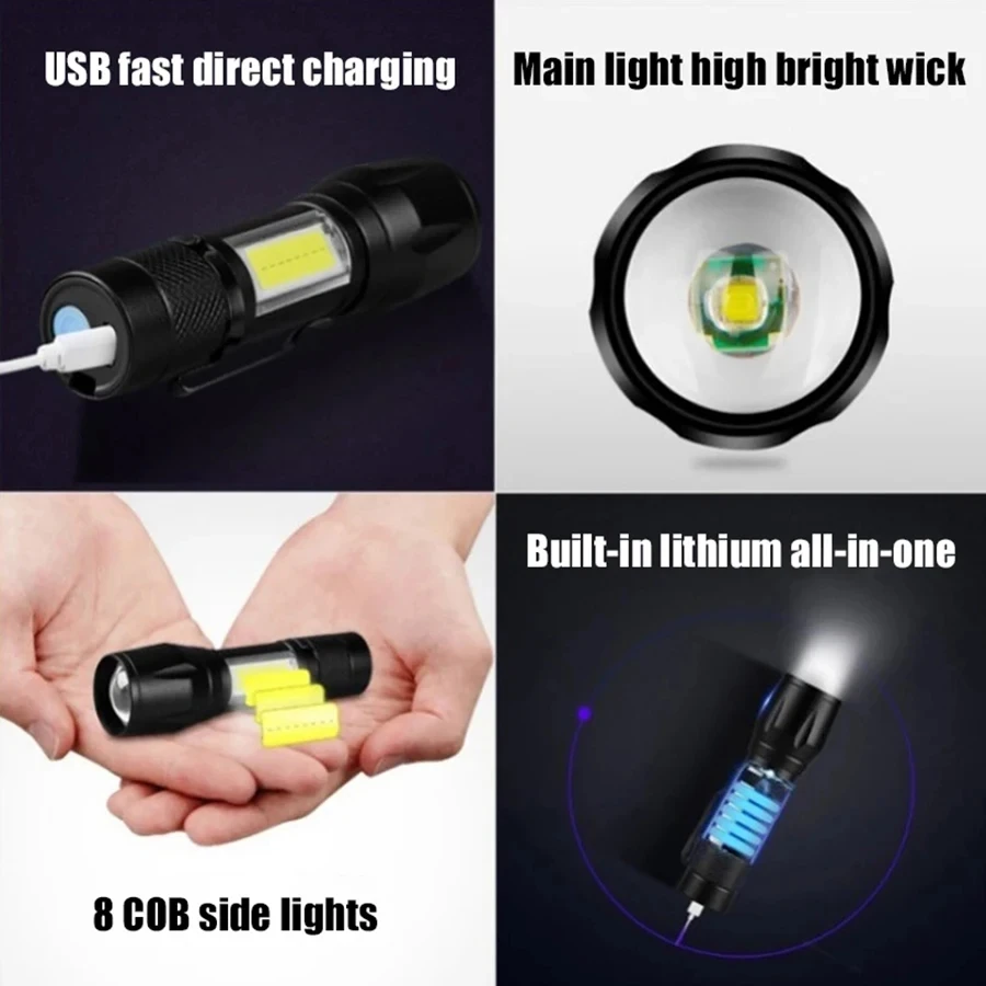 Ultra Bright Portable LED Flashlight COB+XPE Mini Zoom Torch USB Rechargeable Outdoor Camping Emergency Flashlights Lantern