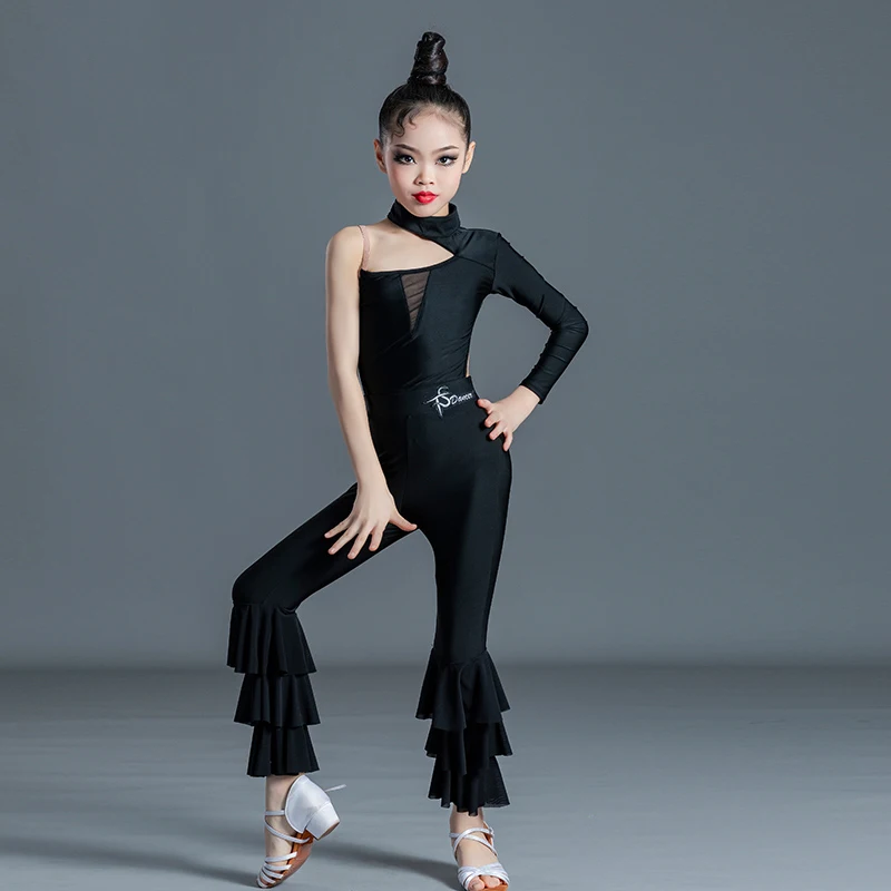 Kids Latin Dance Clothes Girls One-Sleeved Tops Ruffled Pants Black Practice Suit Cha Cha Dance Performance Costume BL8072