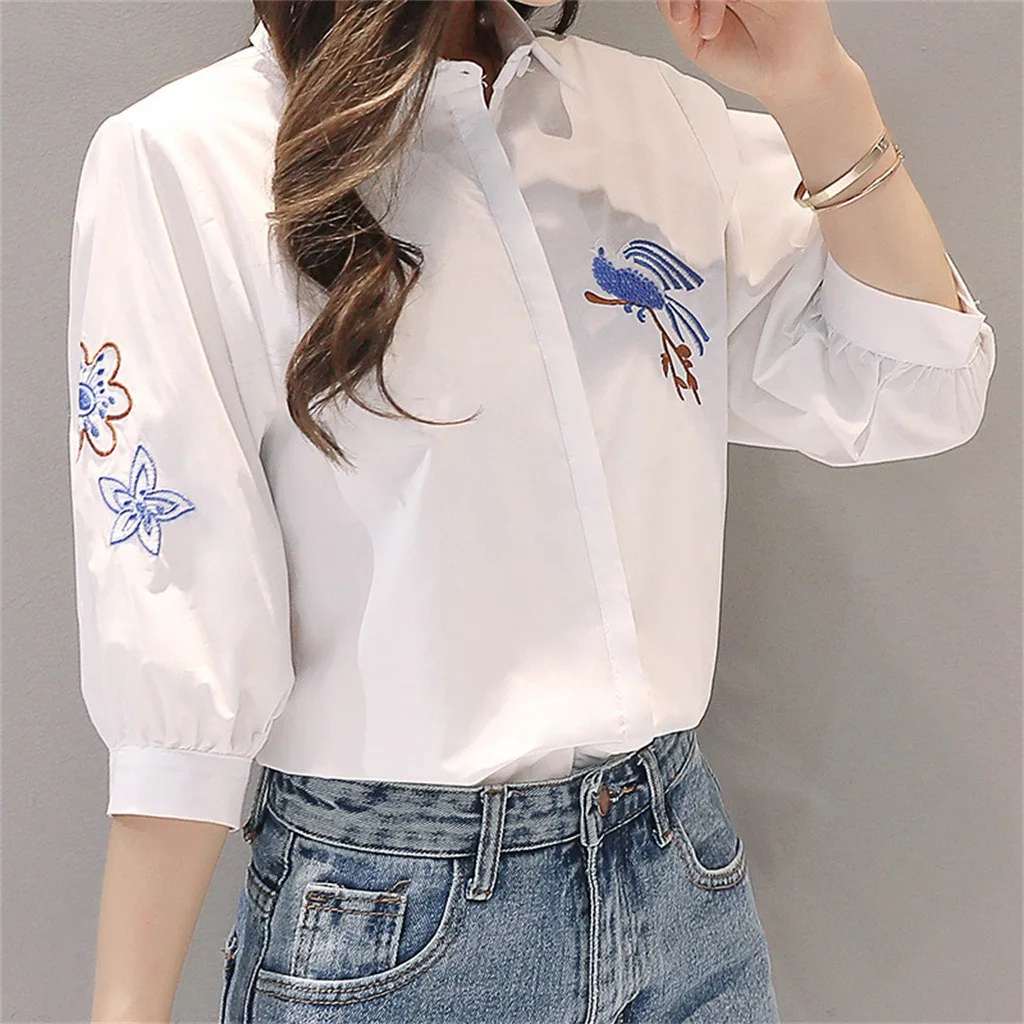 Embroidery Flower Bird Shirt Women Three Quarter Sleeve Elegant White Shirts Turn-Down Collar Blouse Top