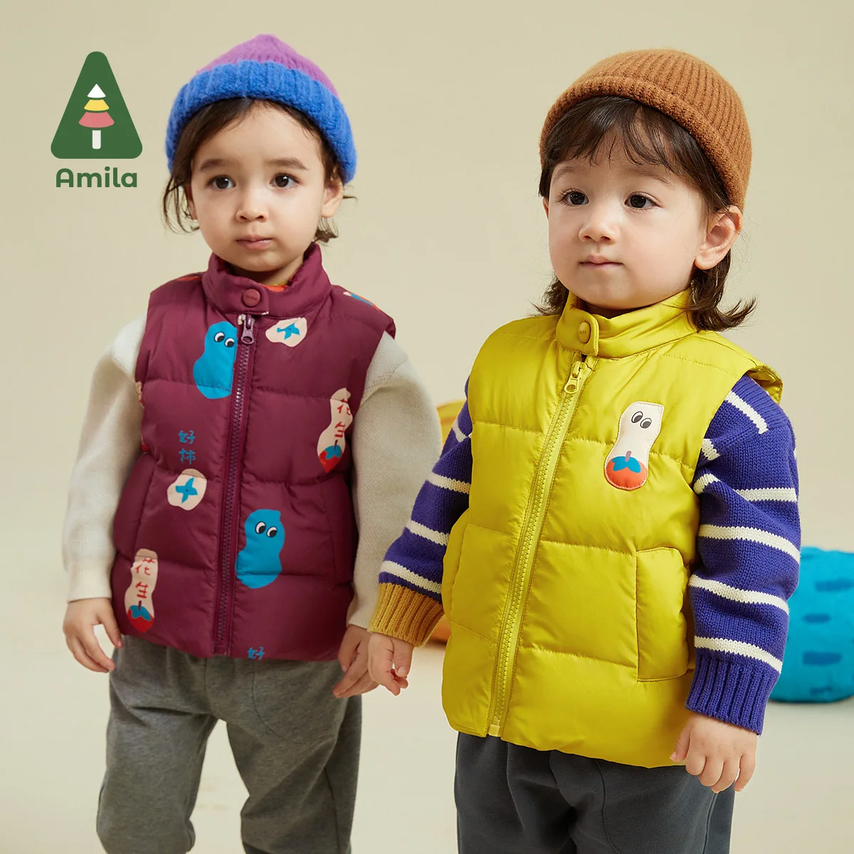 Amila Vest For Boys Girls 2023 Autumn New Original Printing Quality Goose Down Stand Up Collar Design Warm Fashion Baby Clothes