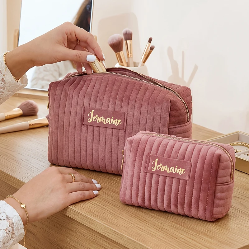 

2PCS Personalized Embroidery Name Velvet Makeup Bag Toiletry Bags with Travel Set Name Soft Velvet Cosmetic Pouch with Zipper ﻿