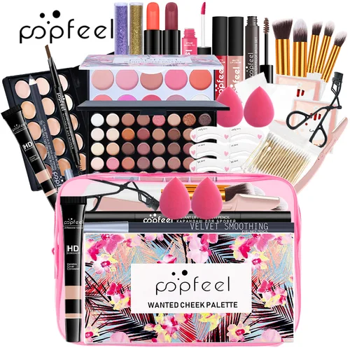 POPFEEL Kit de maquillaje todo en uno, juego de regalo con paleta de sombra de ojos, base, brillo de labios, colorete, pinceles, delineador de ojos y más regalos de belleza