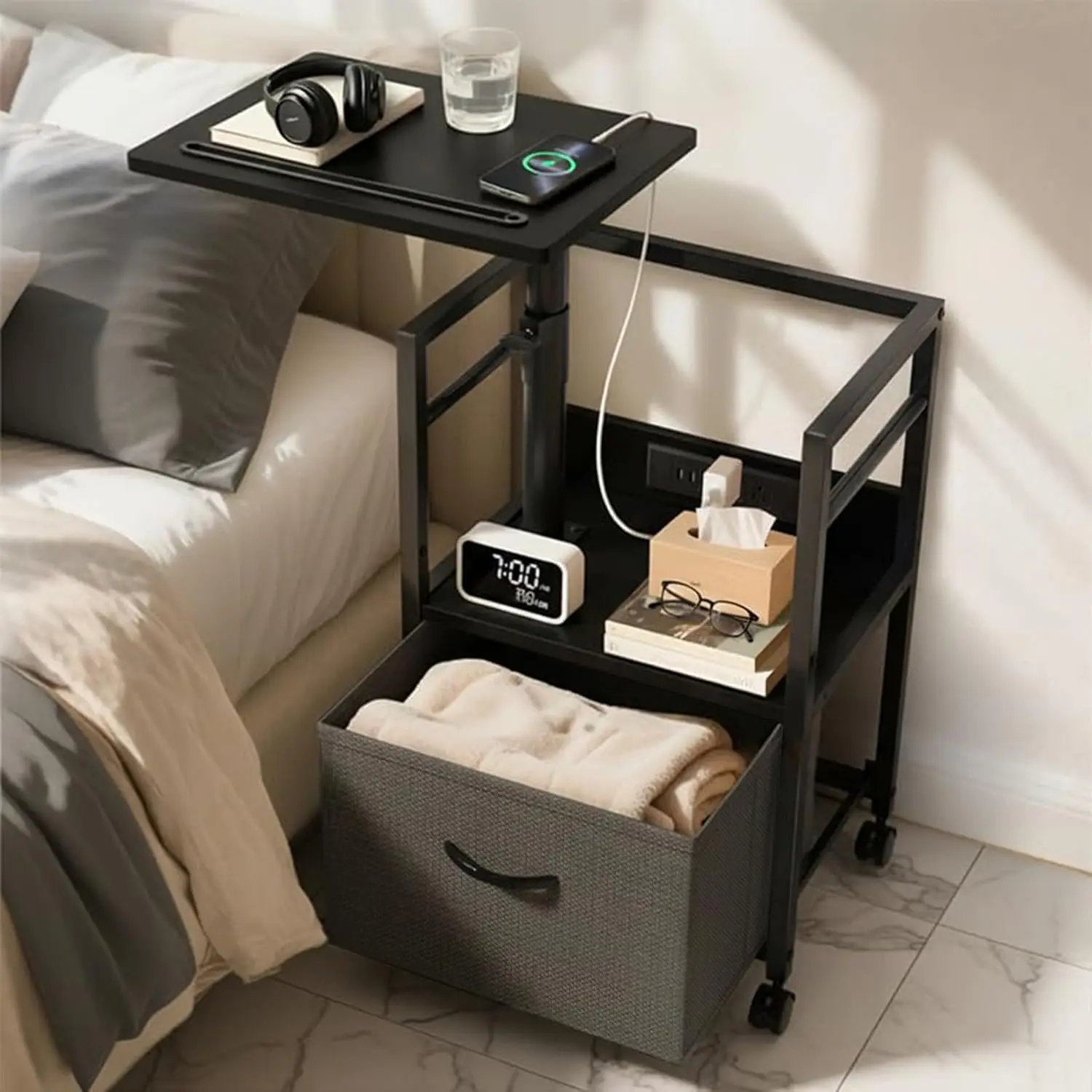 

360° Swivel Nightstand with Height Adjustable, Lift Top Bedside Table with Charging Station, Rolling Night Stand with Fabric