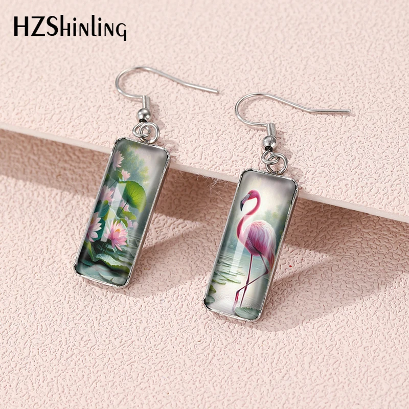 2025 Nuevos pendientes rectangulares de loto con flamenco, pendientes de anzuelo hechos a mano, joyería con imagen de cristal