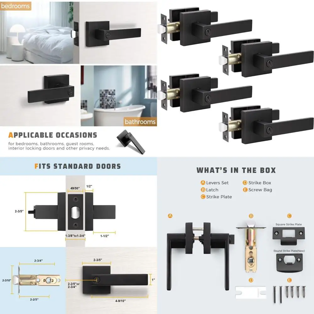 

Black 4-Pack Door Knob Handles with Lock for Bathroom & Bedroom, Interior Levers for Right and Left Doors, Thumb Turn, No Key Ne