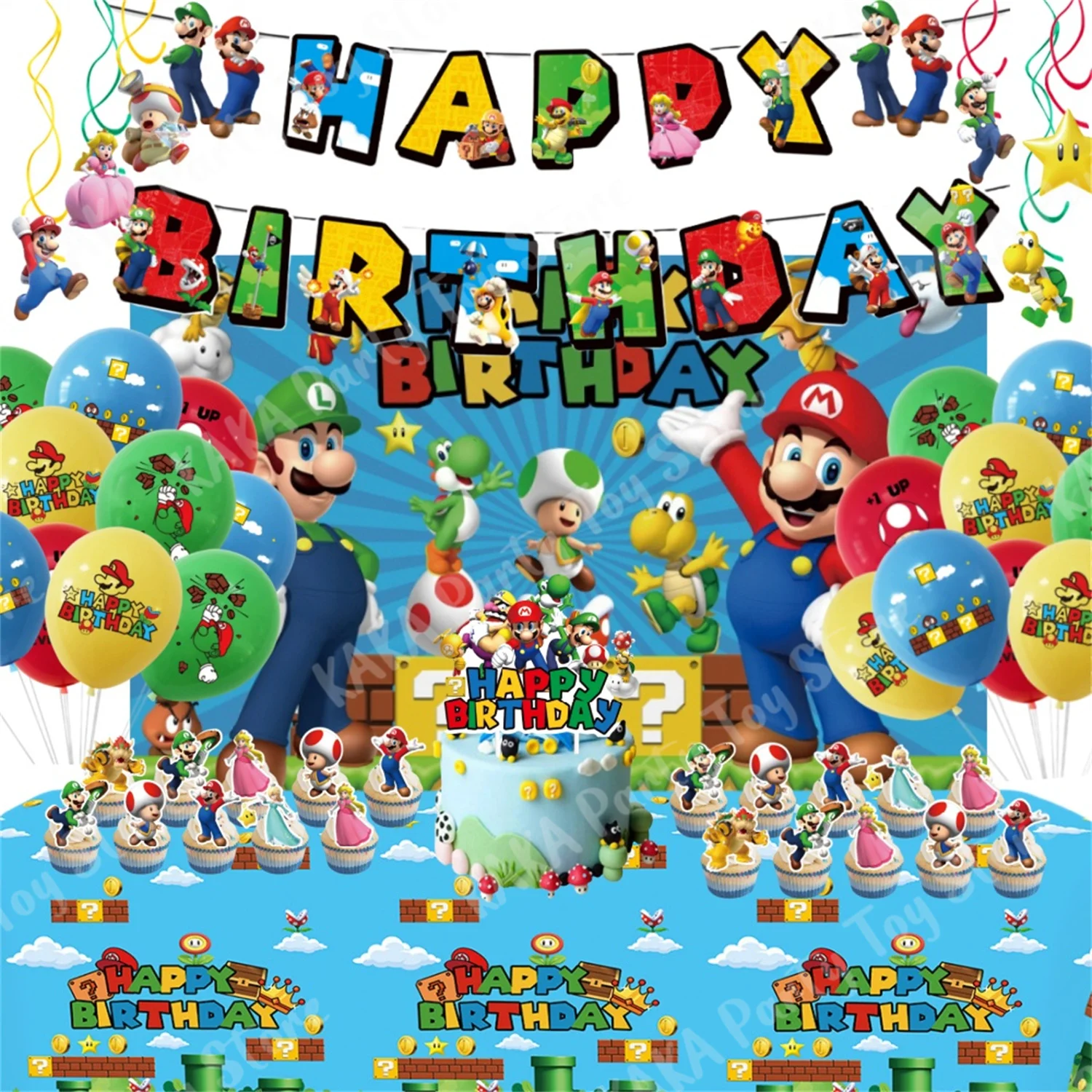 Super Mario Birthday Decorations Cartoon Mario Bros Balloons Paper Tableware Stickers Backdrop For Kids Party Supplies Toy Gifts