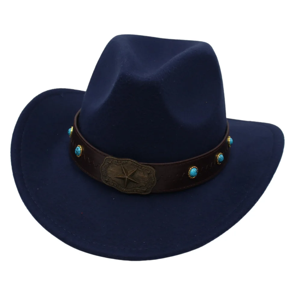 

European And American Western Cowboy Hat Five-pointed Star Retro Jazz Top Hat Wholesale Felt Cap Gem Woolen Hat Men And Women