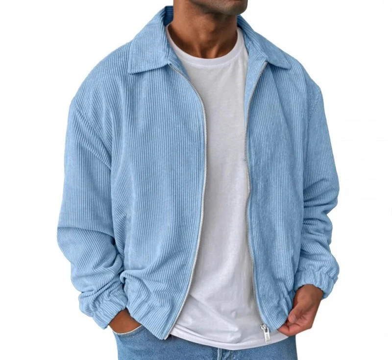 

Men's Solid Color Corduroy Jacket, Loose Lapel Zip-up Coat, Fashionable and Trendy for Autumn and Winter Coat