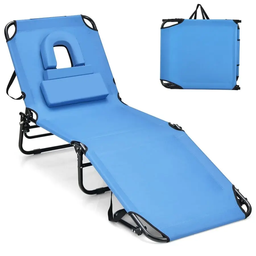 

Tanning Chair, 350lbs Beach Lounge Chair with Face Hole, Washable Pillow amp Carry Strap, Adjustable Folding Chaise Lounge, Lay