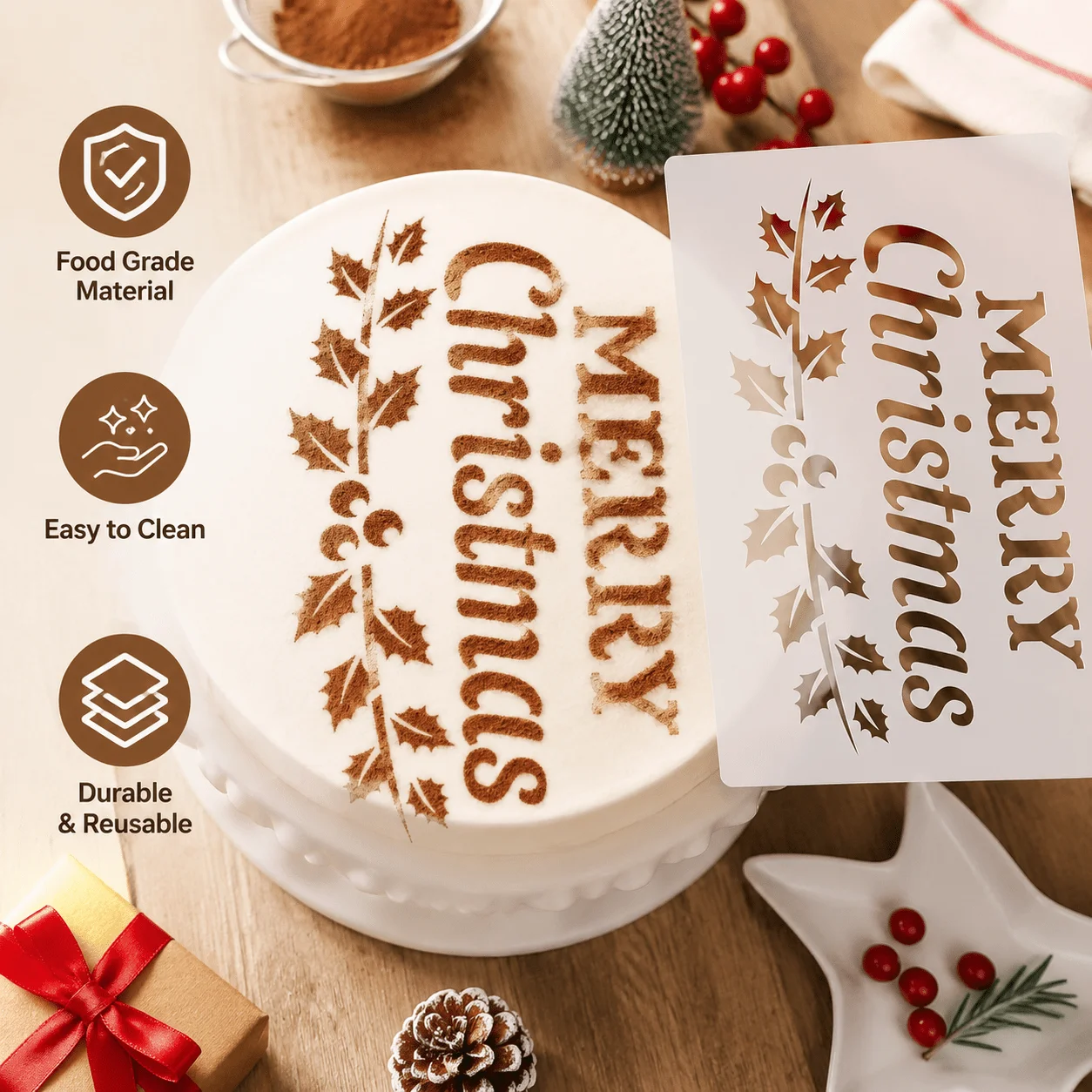 Holly Leaf Merry Christmas Cake Stencil Food Grade PET Template for Cake Cookie Fondant Decoration