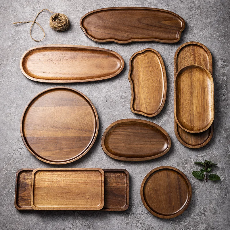 Natural Acacia Wood Tray Rectangular Coffee Table Organizer, Multi-Purpose Platter for Snacks/Bread/Cheese, Gift