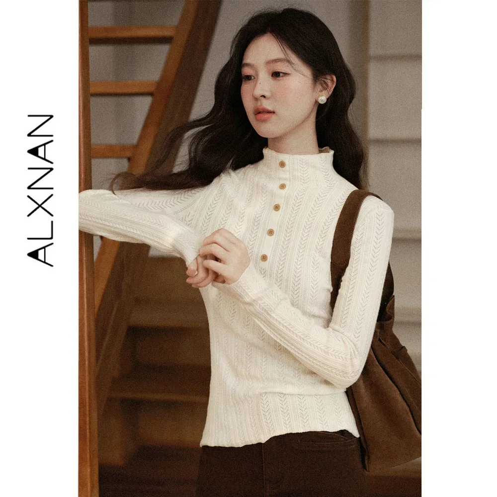 ALXNAN White Knit Sweater Women Fall Mock Neck Button Front Long Sleeve Pullover 2026 Fashion Casual Slim-fit Female Top L68228