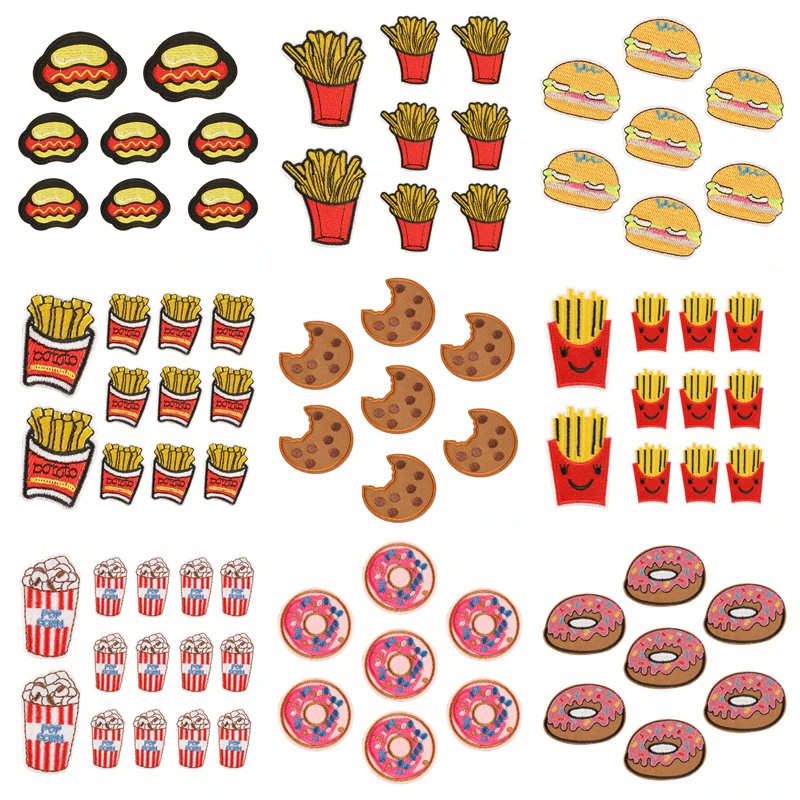 10 pcs/lot Wholesale Cartoon Food Embroidered Patches For Clothing Stickers Fries Hamburger Applique Iron On Patches On Clothes