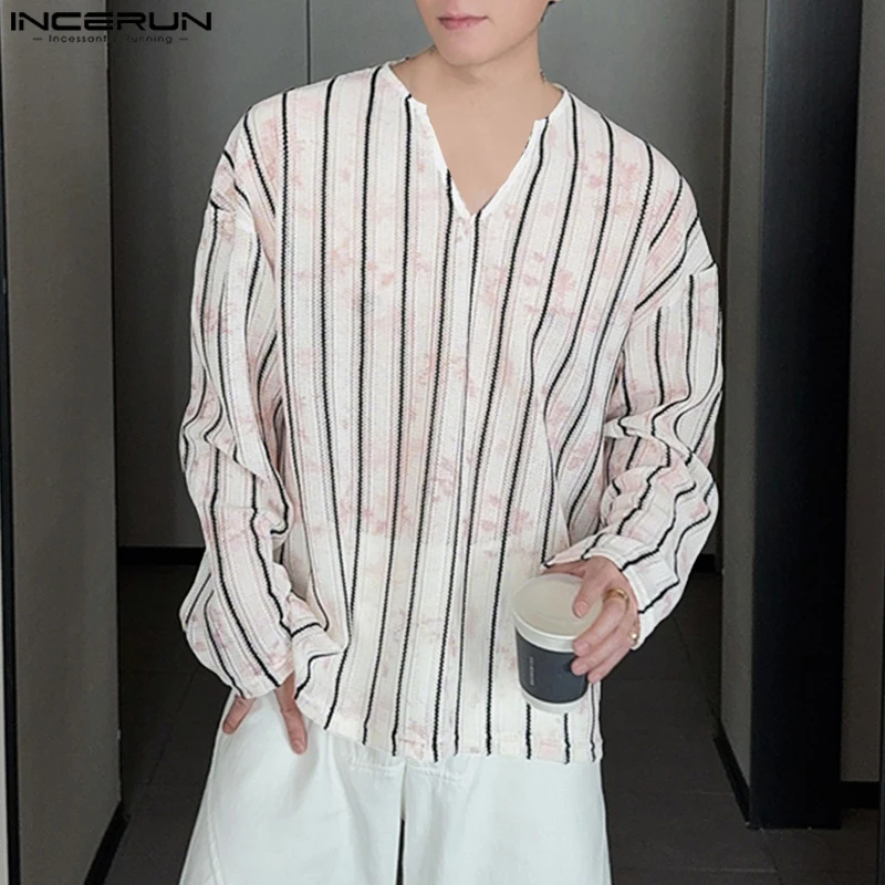 INCERUN الرجال تي شيرت مخطط طباعة الخامس الرقبة طويلة الأكمام الجوف خارج انظر من خلال الذكور المحملة القمم كبيرة الحجم الشارع الشهير 2025 الرجال الملابس