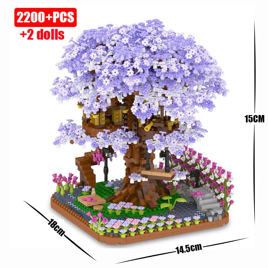 With Lights Sakura Tree House Building Blocks City Cherry Blossom Japanese Friends Street View Mini Bricks Toys Chsristmas Gifts