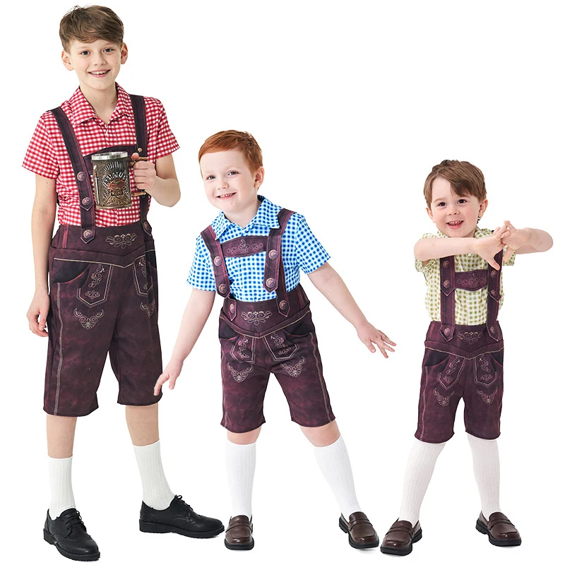 New Boy Oktoberfest Costume Traditional National Plaid Shirt Lederhosen With Socks Cosplay Carnival Fancy Party Dress