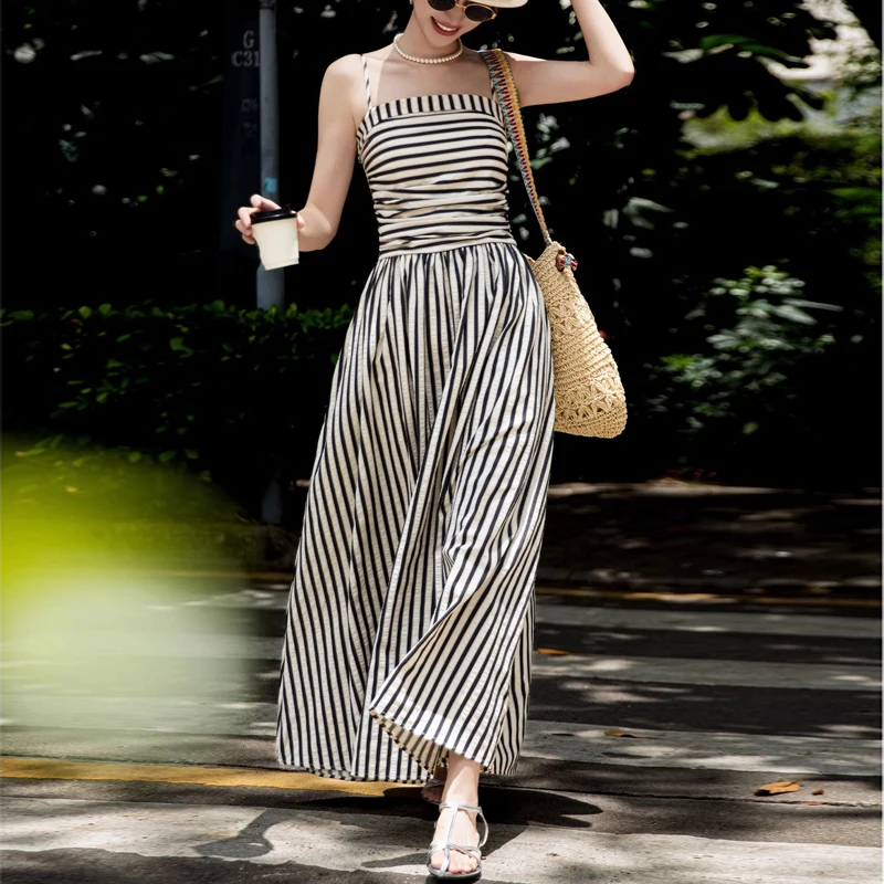 Abito Cami Midaxi da donna con dettagli arricciati e orlo intero con tasche laterali a righe sbiancate