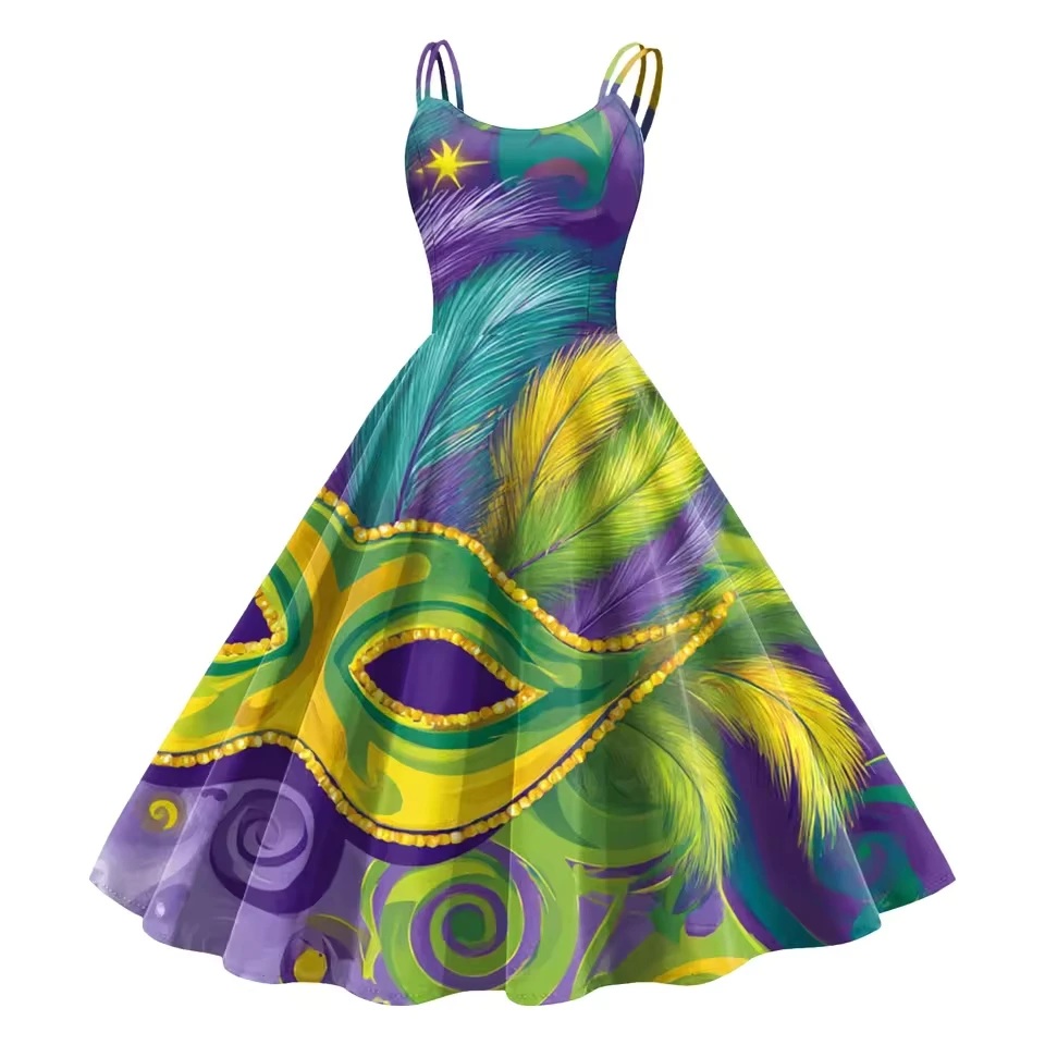 

Ladies Casual Carnival Print Dress Fashion Casual Sleeveless Sexy Strap Dress Plus Size Dresses Sling Dress