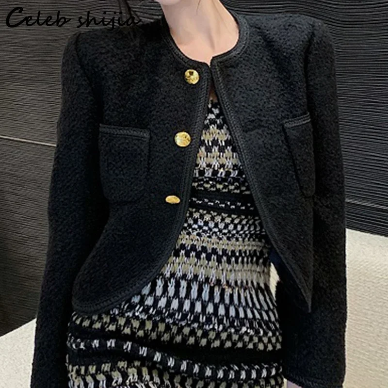 Beige Vintage Tweed Cropped Jacket Women Long-sleeve Autumn Wool Coat Women Clothing Korean Business Chic Jacket Button