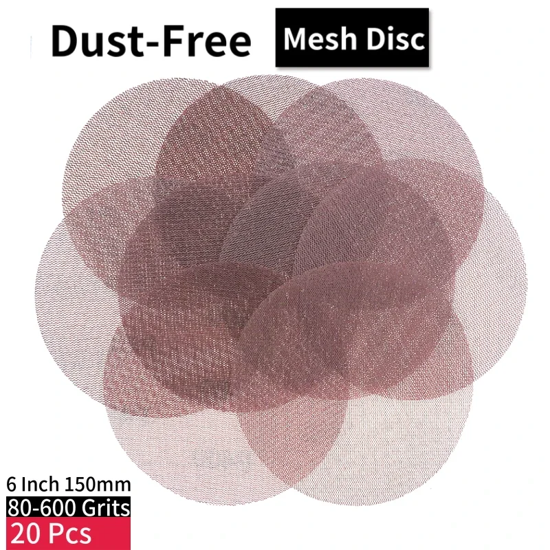 20 Stück 6 Zoll 150 mm Hakenschlaufen-Mesh, staubfrei, blockierendes Schleifpapier, Schleifpapier, Körnung 80–600, Farbe, Auto, Metall-Finish
