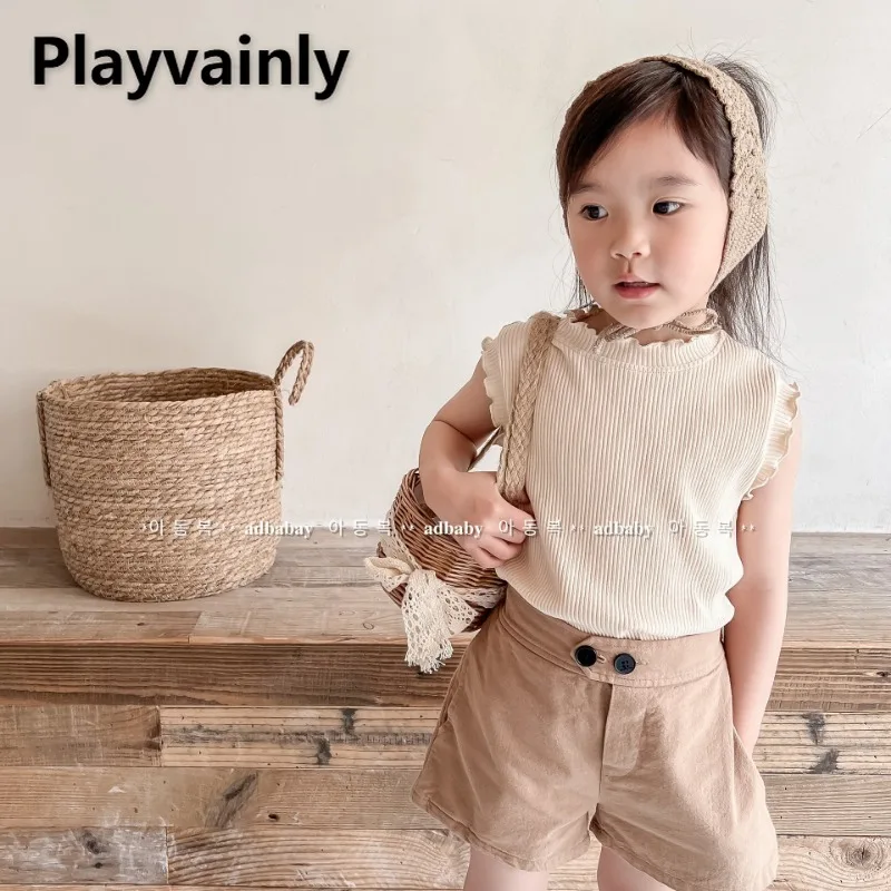 

Korean Style New Summer Baby Girl Agaric Edge T-shirt Beige Brown Pit Stripe Sleeveless Vest Kids Fashion Versatile Tops A22309