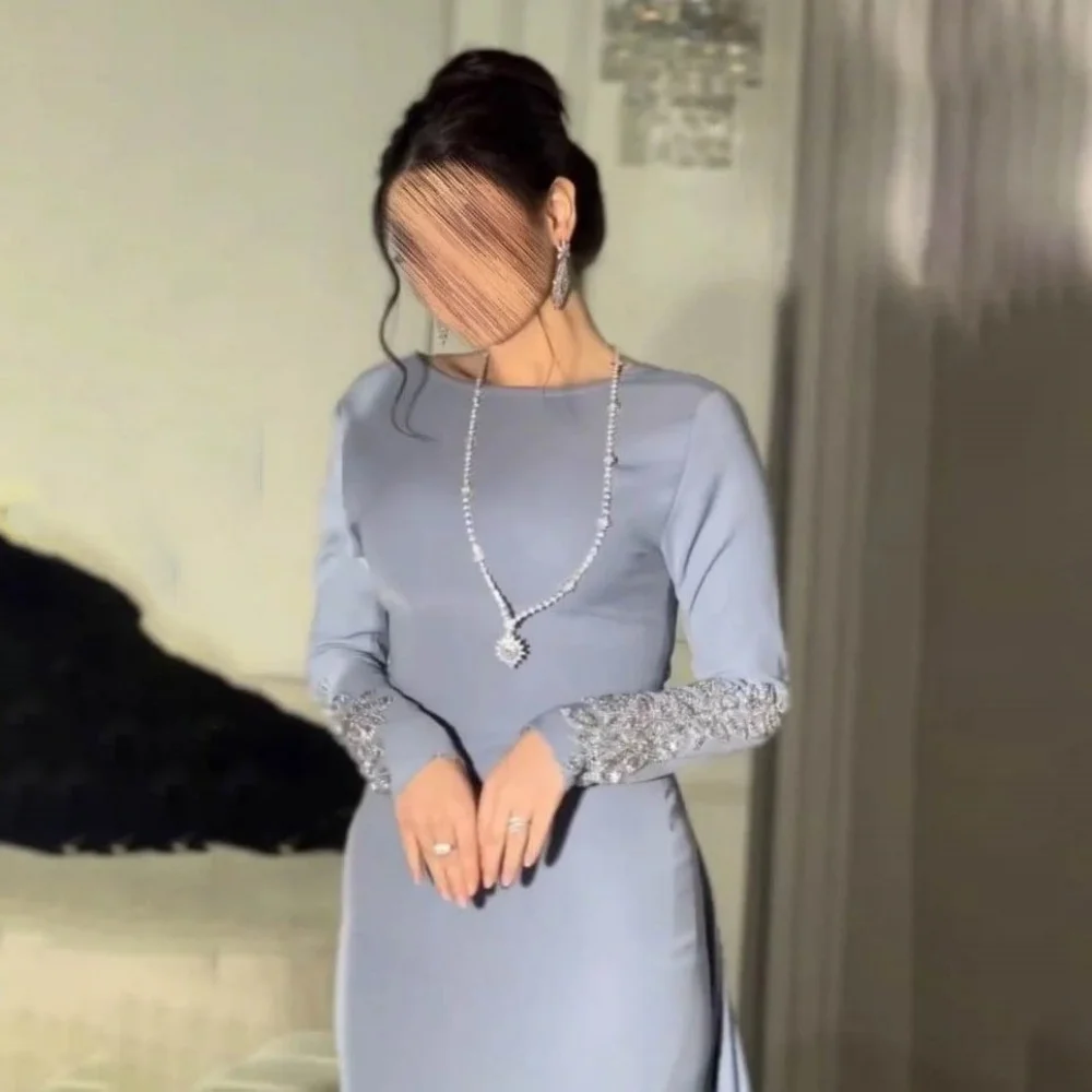 

Customized Exquisite Beading Women Prom Dress Long Sleeve Charming Mermaid Party Dress Elegant O Neck Women Evening Gown