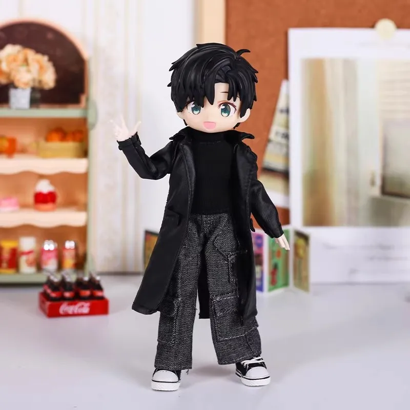 For 1/12 Asi 3.0 Black Long Coat T-shirt Denim Pocket Pants For 1/12 BJD Fairyland D-Type GSC Body Doll Cloth Outfit Clothes