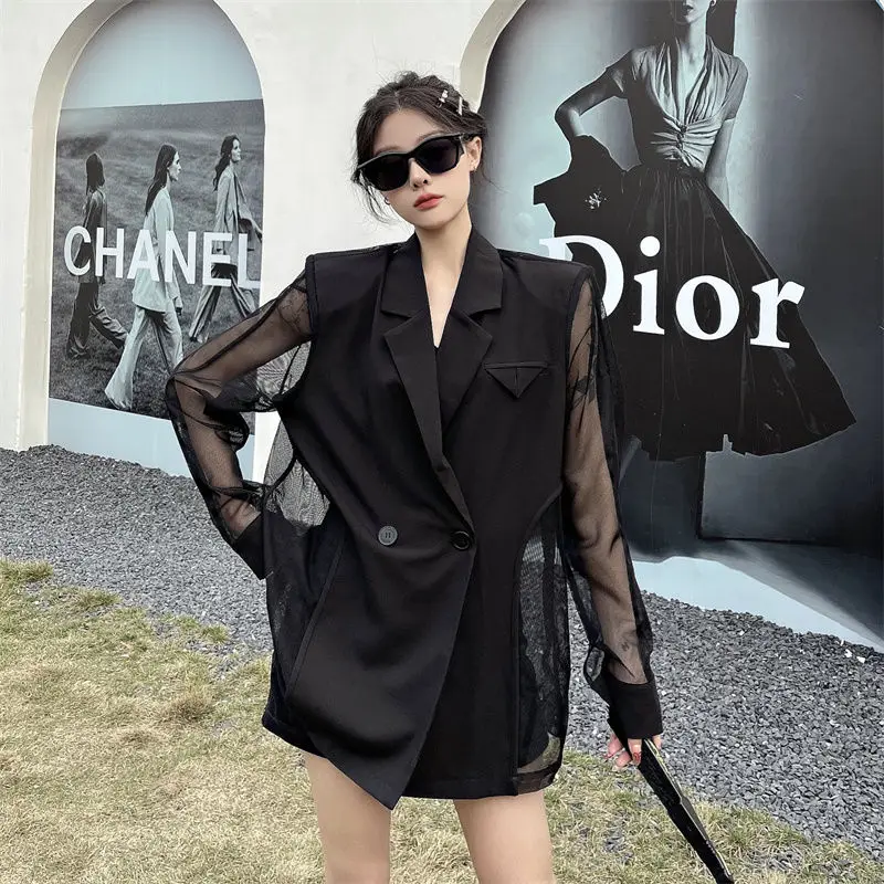 Mulheres blazers casaco oco para fora fino retalhos manga comprida terno jaqueta para mulher primavera e outono design solto malha casual terno