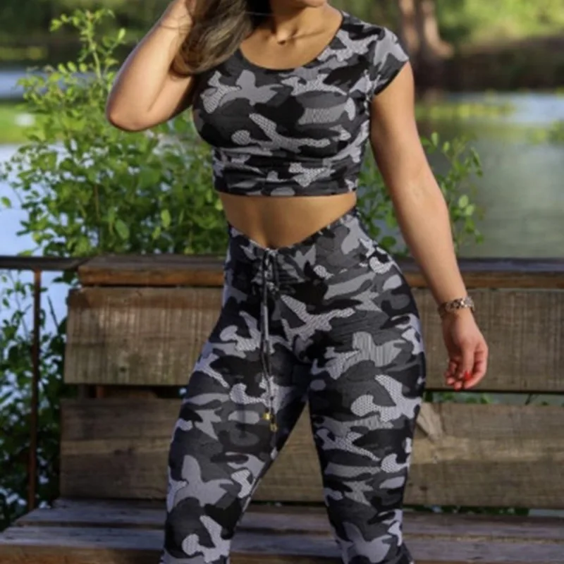 Women's clothes Sports Yoga Set For Women Workout Sportswear Camouflage Short Sleeve Top&High-Waisted Leggings Sports Suit