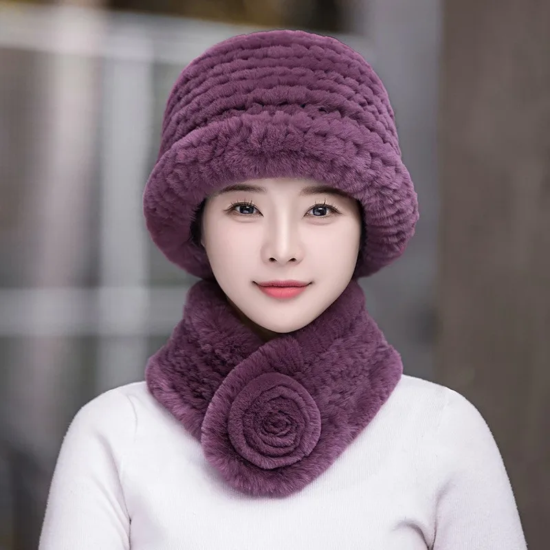 New autumn and winter styles of wool woven hats for women warm middle-aged elderly mothers fur scarves sets