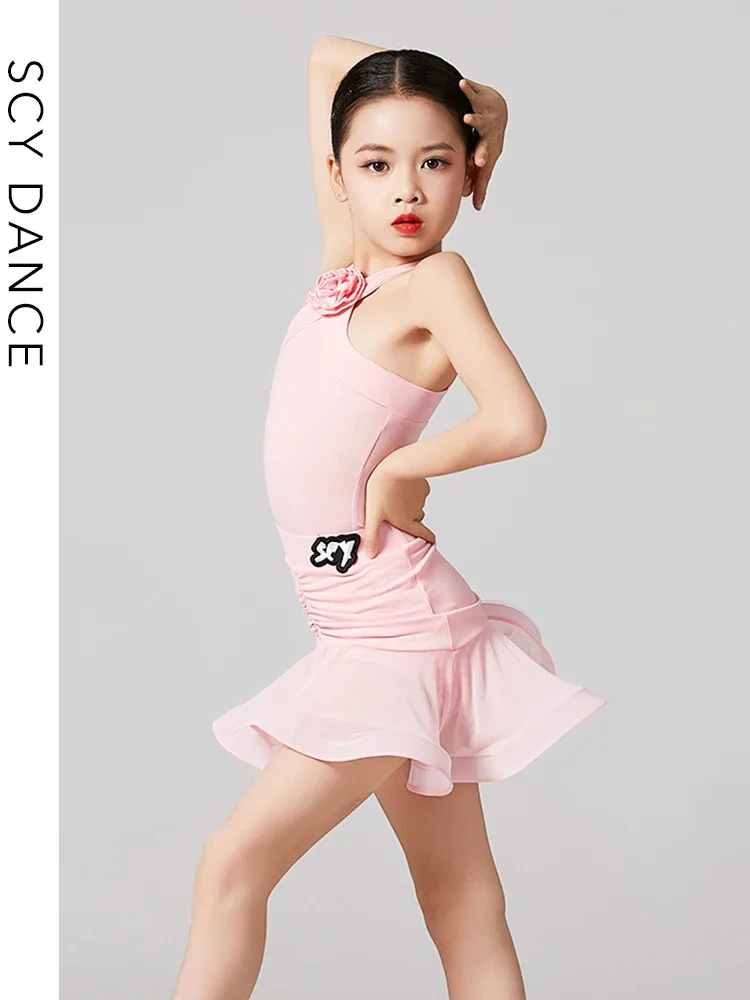 เด็กการแข่งขันเต้นรําบอลรูมสาวสีชมพู Salsa Tango Samba Rumba เต้นรําละตินชุดเด็กเสื้อผ้าการแสดง